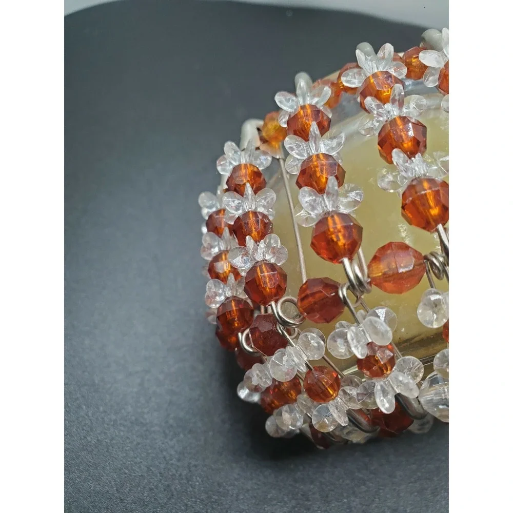 Vintage Mid Century Safety Pin and Beads Candle Holder Orange White Tramp Art